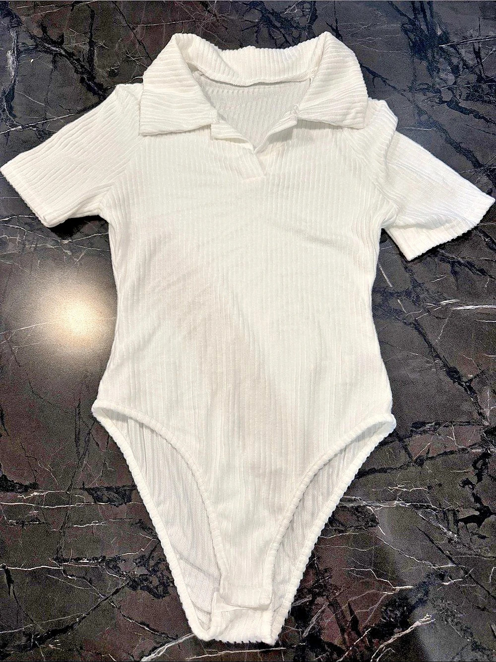 White Ribbed Collared Bodysuit